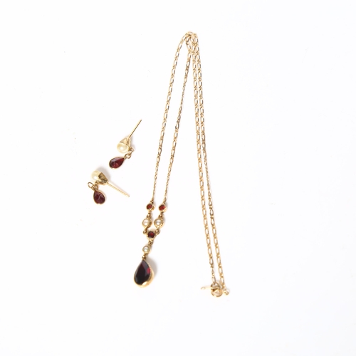 955 - A delicate 9ct gold seed pearl and red stone set drop pendant necklace and chain, together with a pa... 