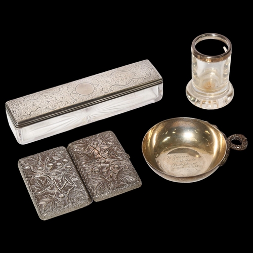 958 - An Elizabeth II silver wine taster, a silver-topped dressing table box, a glass and silver-mounted p... 