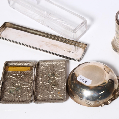 958 - An Elizabeth II silver wine taster, a silver-topped dressing table box, a glass and silver-mounted p... 