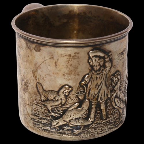 960 - A George V silver christening tankard, with repousse decoration of a young girl feeding her chickens... 