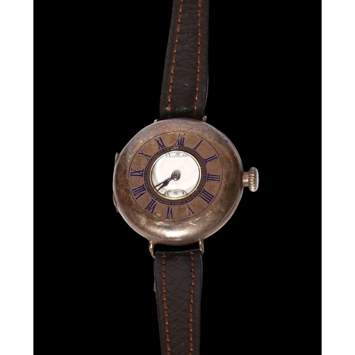 982 - WALTHAM - a silver cased half-hunter wristwatch, with blue enamelled Roman numerals and later strap