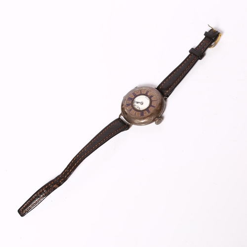 982 - WALTHAM - a silver cased half-hunter wristwatch, with blue enamelled Roman numerals and later strap