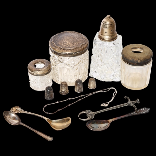 983 - 3 silver-topped dressing table bottles, including 2 hair tidies, a silver-topped sugar caster, 4 sil... 