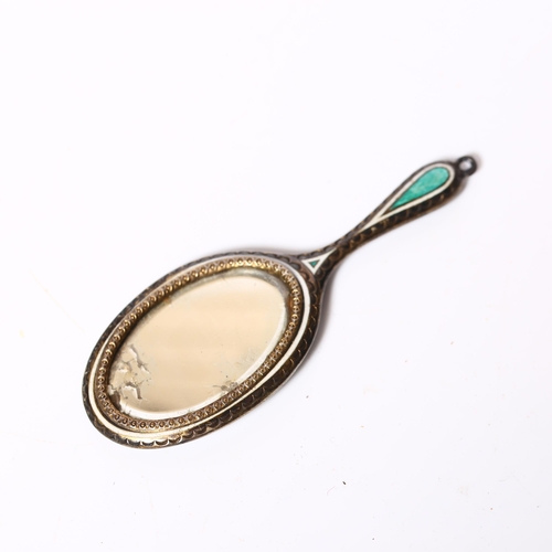 991 - A small silver plated and turquoise enamelled doll's hand mirror, L8.5cm