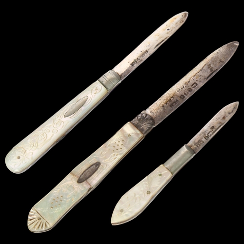 993 - 3 silver-bladed and mother-of-pearl handled fruit knives