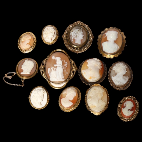 995 - A group of gilt-metal relief carved cameos, including a swivel mourning brooch (12)