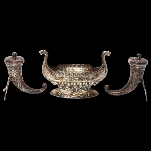 999 - A Scandinavian silver Viking long ship design salt (no liner), L9.5cm, marked 830s, and a pair of No... 