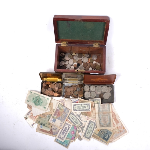 315 - A box of various pre-decimal English coins, world banknotes and other coins