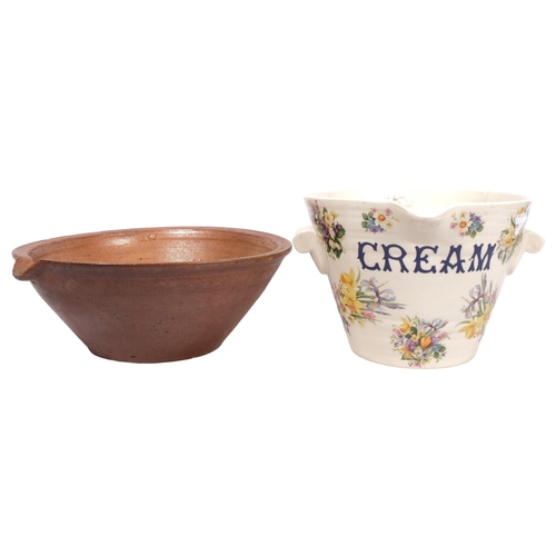 379 - A large ceramic 2-handled cream pail, a crock, and a Victorian brass swing-handled pan (3)