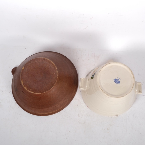 379 - A large ceramic 2-handled cream pail, a crock, and a Victorian brass swing-handled pan (3)