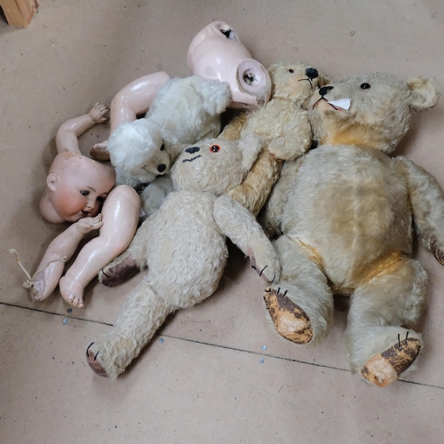 562 - A large Vintage teddy bear, 53cm, 2 others, a Poodle, and an Armand Marseilles porcelain-headed doll... 