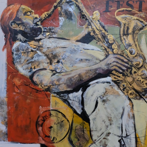 775 - Clive Fredriksson, acrylics on canvas, depicting a jazz saxophonist, unframed, 91cm x 61cm