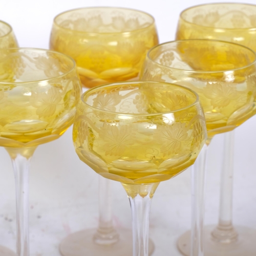 783 - A set of 6 Vintage engraved Hock glasses, with yellow bowls and grapevine decoration, H15cm