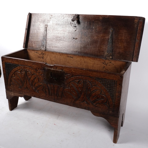 789 - Antique oak 6-plank coffer with chip carved decoration of small size, resting on stile feet, W69cm, ... 