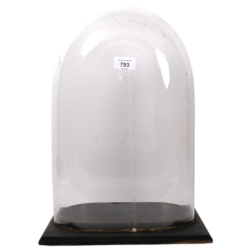 793 - A modern glass dome, on fitted wooden display stand, dome height including stand 43cm, length 31cm, ... 