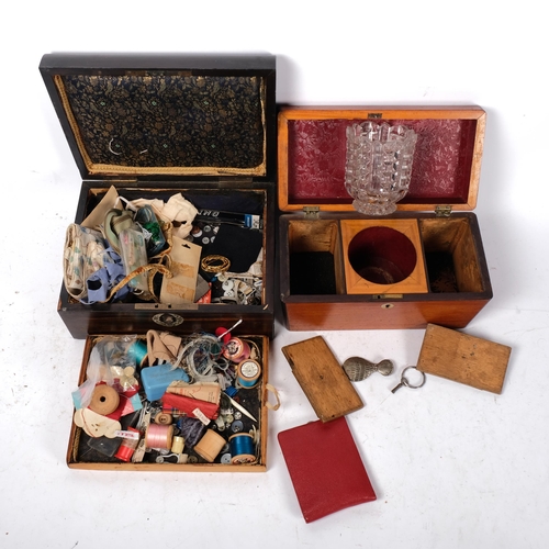 799 - 19th century inlaid coromandel wood workbox and contents, 30cm across, and a tea caddy with fitted i... 