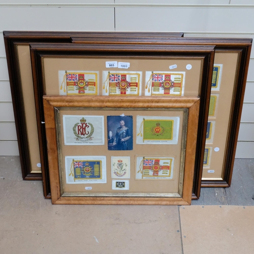 803 - 3 framed sets of Regimental silk postcards, and a maple-framed set with postcard depicting George V ... 