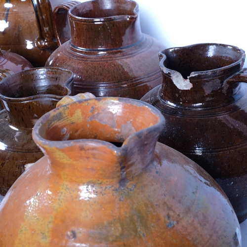 841 - 6 various large glazed Antique terracotta jugs, tallest 32cm