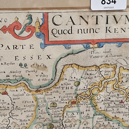 834 - An 18th century hand painted French map of Kent, framed, 37cm x 46cm