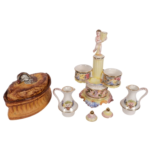 617 - Capodimonte porcelain oil and vinegar stand, with putti, H28cm, and a Vintage Mehun by Pilivuyt phea... 