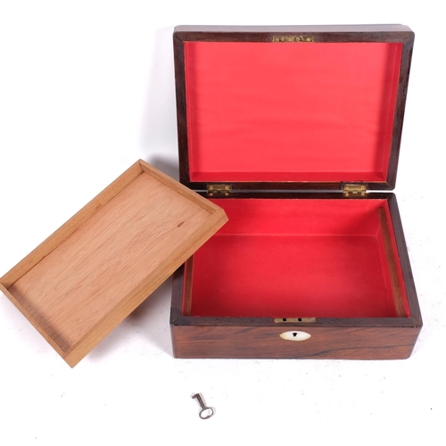 624 - A Victorian mother-of-pearl inlaid box, with tray-fitted interior and key, 30cm across