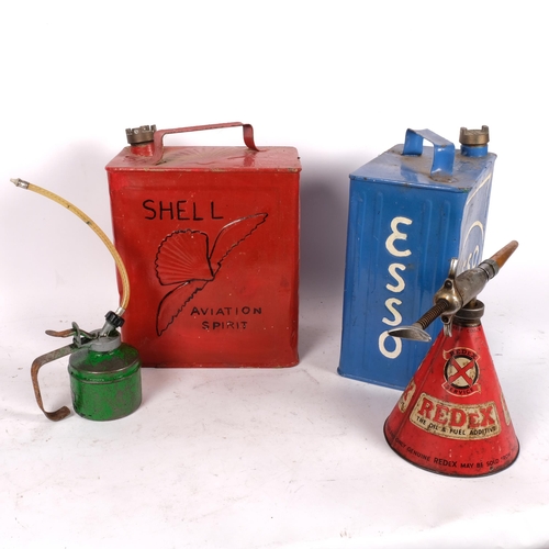 631 - 2 painted petrol cans, and a Redex can, and a Vintage oil can