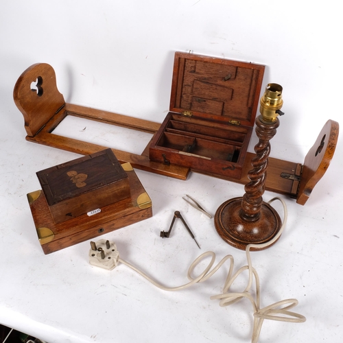 640 - An oak extending bookrack, barley twist lamp, box, a mahogany draughtsman's box, and another