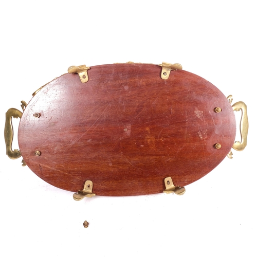 651 - Inlaid oval mahogany tea tray with brass mounts and handles, L61cm overall