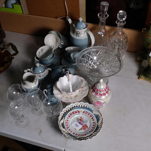 653 - Royal Doulton Rose Elegans tea and coffee service, glassware, Coalport dish etc