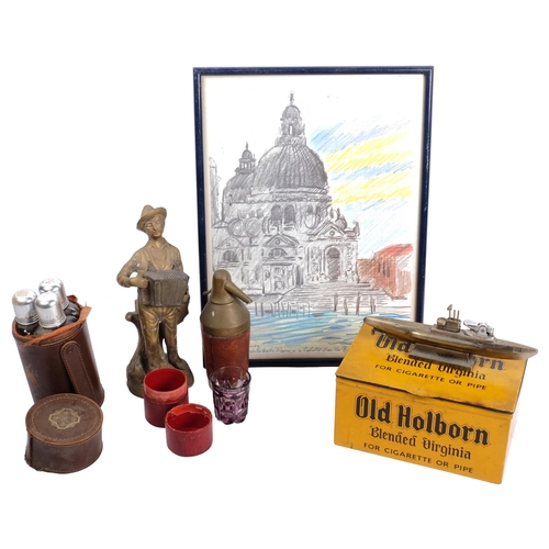 672 - Old Holborn tin, 22cm across, submarine lighter, brass figure, bottle holders, and a sketch