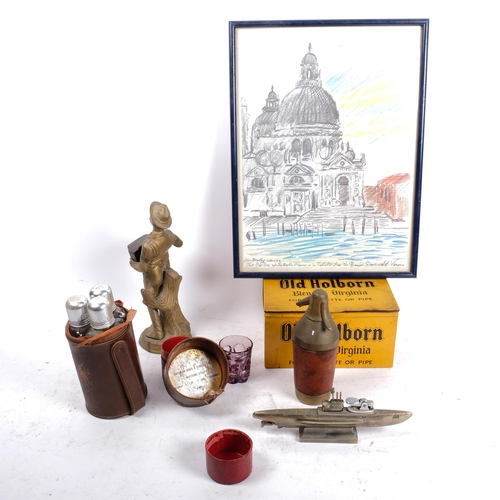 672 - Old Holborn tin, 22cm across, submarine lighter, brass figure, bottle holders, and a sketch