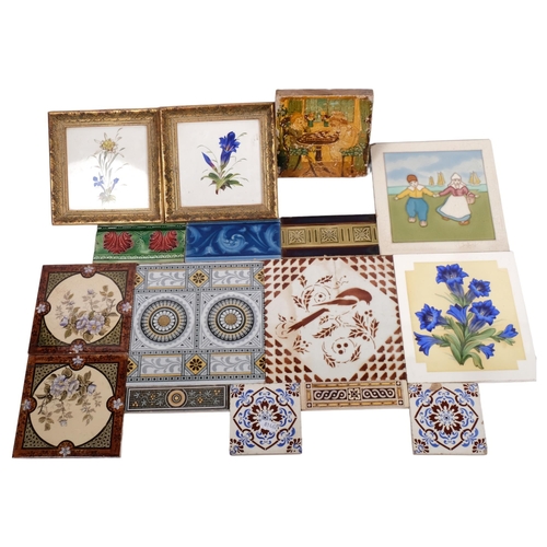 682 - A group of 29 various tiles, assorted sizes, including 2 framed botanical studies, Minton and Hollin... 