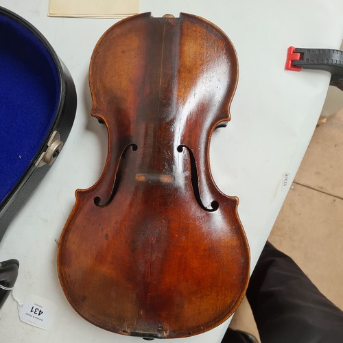 431 - 20th century violin, unmarked, for restoration, back length 14