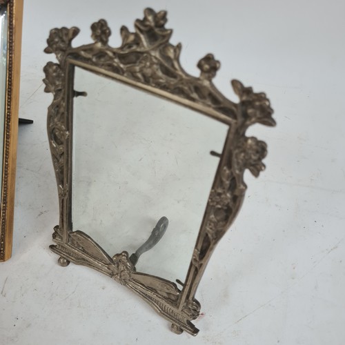 607 - A cast silver plated Art Nouveau style strut frame, H22cm, and a decorative modern mirrored frame