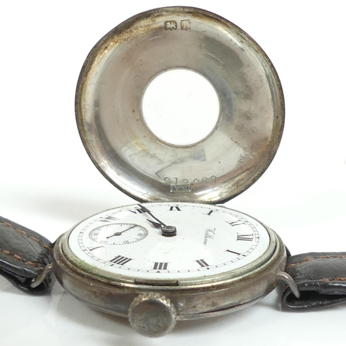 982 - WALTHAM - a silver cased half-hunter wristwatch, with blue enamelled Roman numerals and later strap