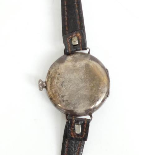 982 - WALTHAM - a silver cased half-hunter wristwatch, with blue enamelled Roman numerals and later strap