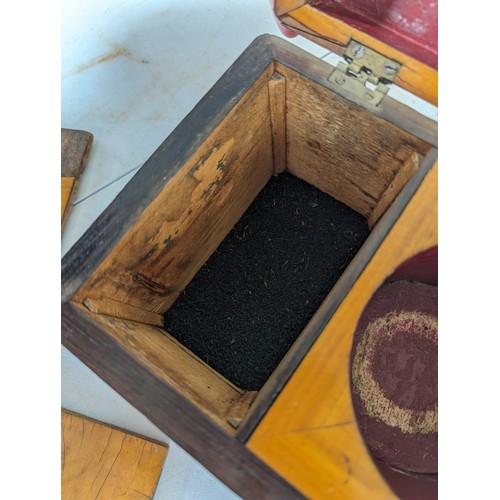 799 - 19th century inlaid coromandel wood workbox and contents, 30cm across, and a tea caddy with fitted i... 