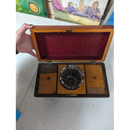 799 - 19th century inlaid coromandel wood workbox and contents, 30cm across, and a tea caddy with fitted i... 