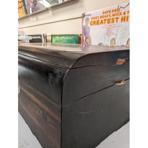 799 - 19th century inlaid coromandel wood workbox and contents, 30cm across, and a tea caddy with fitted i... 