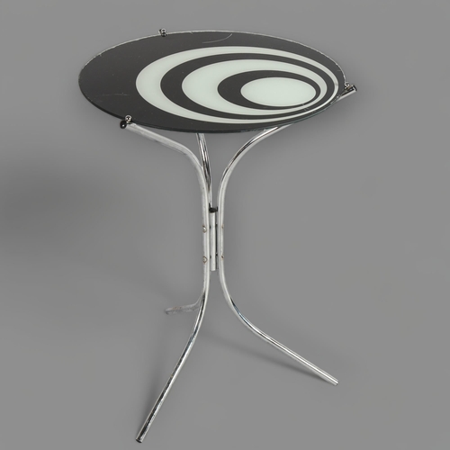 410 - A 1960s' Op art side table, with aluminium frame and glass top, height 61cm, diameter 44cm