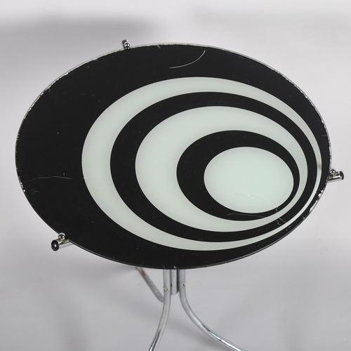 410 - A 1960s' Op art side table, with aluminium frame and glass top, height 61cm, diameter 44cm