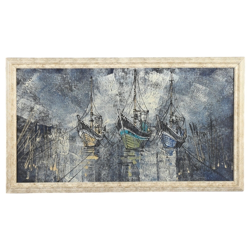 429 - A mid-century oil on canvas painting of fishing boats, signed Smallwood, framed, 81 x 44cm