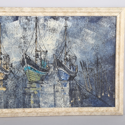 429 - A mid-century oil on canvas painting of fishing boats, signed Smallwood, framed, 81 x 44cm