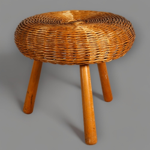 439 - A Tony Paul 1960s' wickers stool / ottoman on beech tripod frame, height 43cm, diameter 45cm