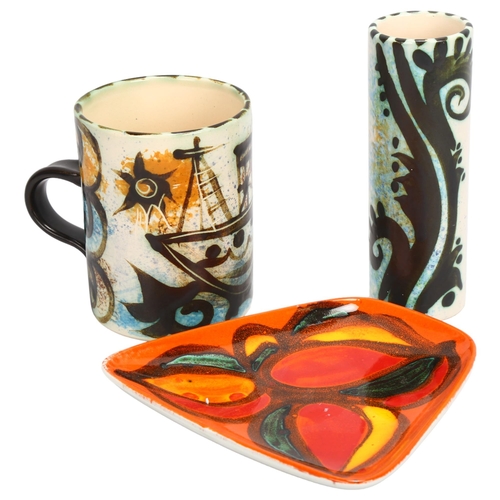 448 - 3 pieces of 1970s' ceramics, Poole pottery dish together with Celtic pottery mug and bud vase, talle... 