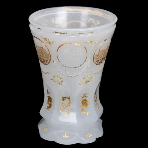 115 - A mid-19th century white spa glass beaker, 1844, height 12cm