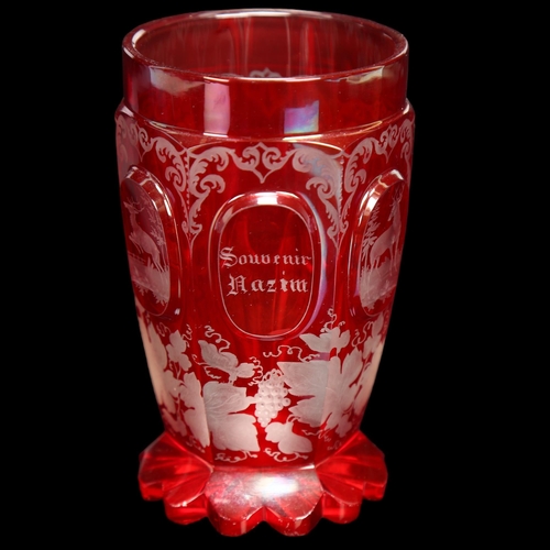 116 - 19th century Bohemian ruby flash glass beaker, with engraved animal design panels, 11cm