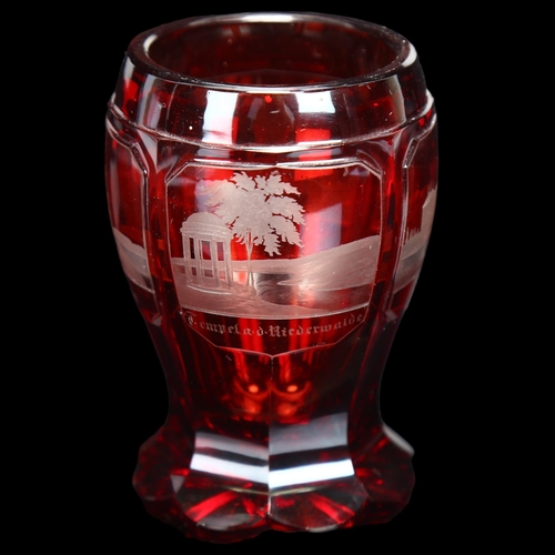 118 - 19th century Bohemian ruby flash glass beaker, with engraved scenes, height 11.5cm