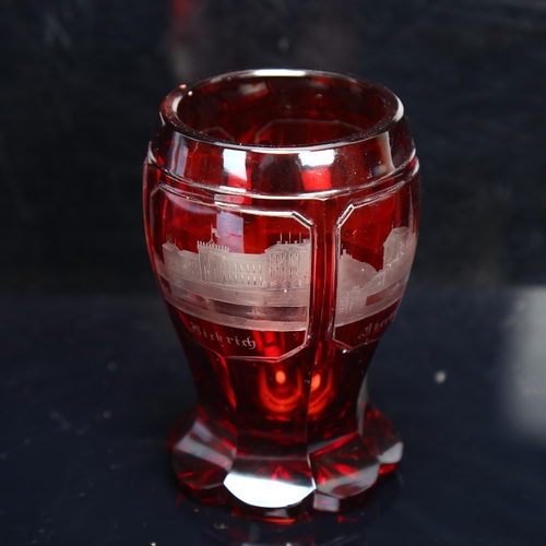 118 - 19th century Bohemian ruby flash glass beaker, with engraved scenes, height 11.5cm