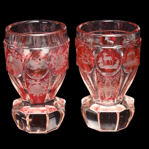 119 - Pair of 19th century Bohemian spa glasses, with engraved coloured glass panels, height 13.5cm